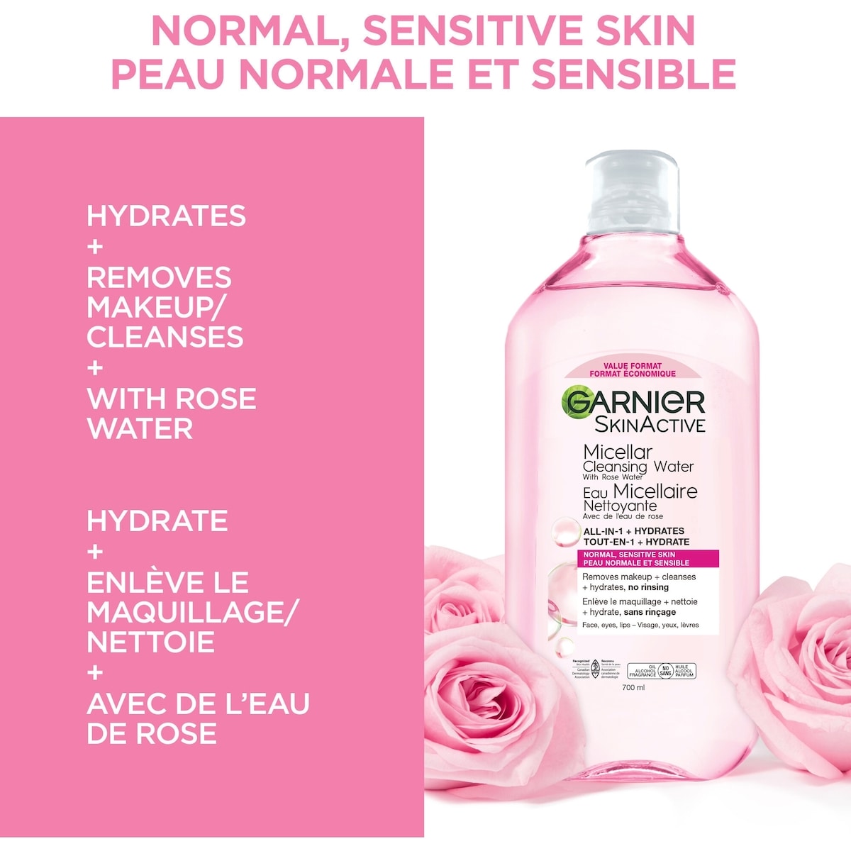 Garnier Micellar Cleansing Water, All-In One Hydrating Makeup Remover + Face Cleanser with Rose Water & Glycerin, Hypoallergenic, Sensitive to Dry Skin, 700 mL
