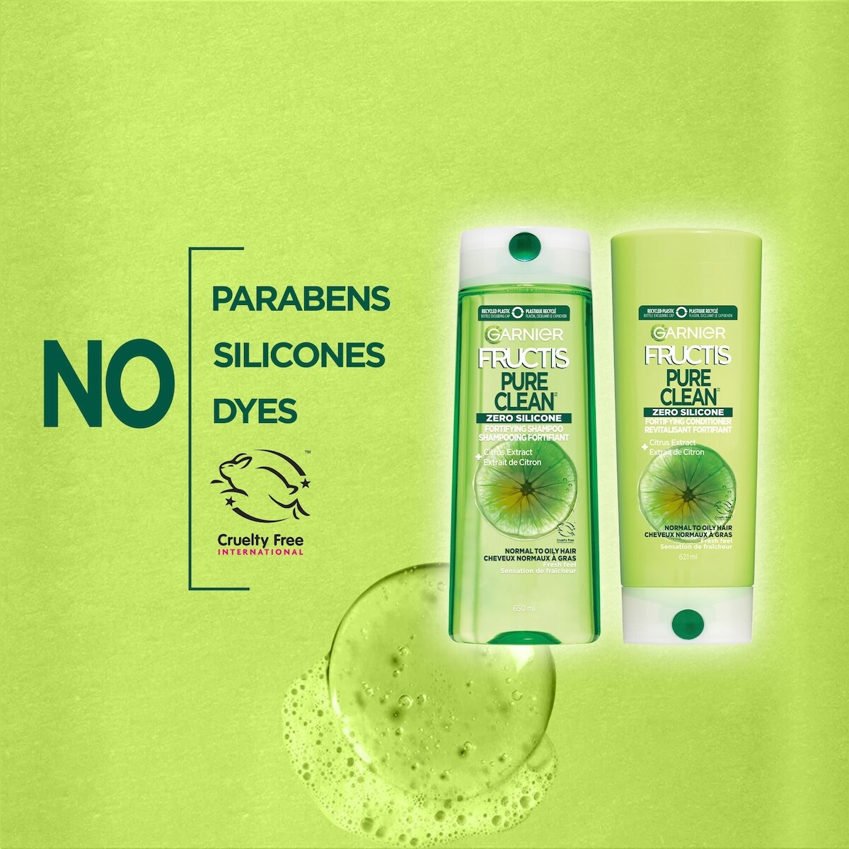 Garnier Fructis Pure Clean Zero Silicone revitalisant fortifiant pour cheveux normaux à gras, avec extrait de citron