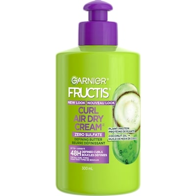 Fructis Curl Air Dry Cream Sulfate-Free Defining Butter Cream, for All Curl Types, with Coconut Oil and Elasto-Protein, 300mL