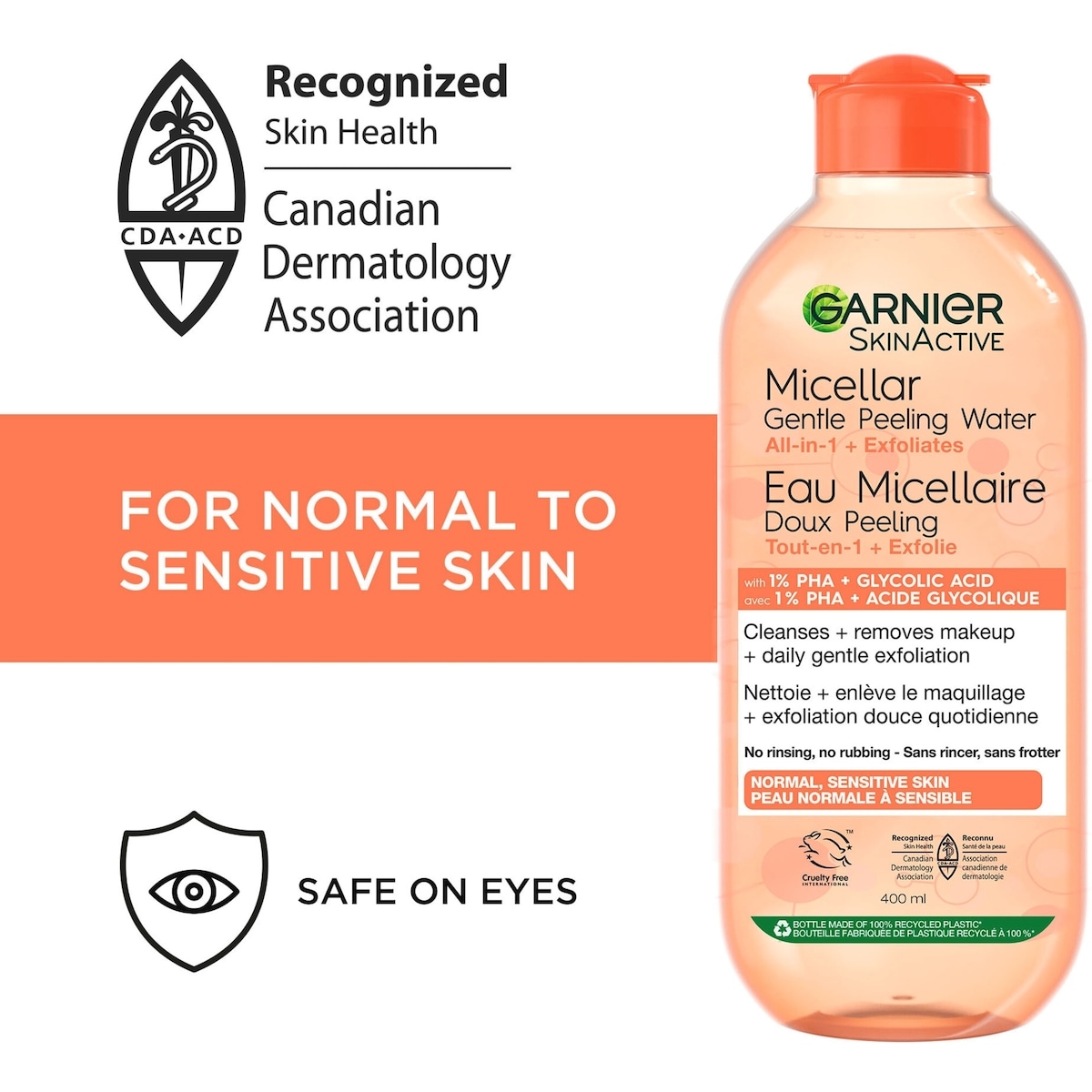 SkinActive Eau Micellaire Doux Peeling avec 1% de PHA + Acide Glycolique + Extrait de Papaye, Nettoie & Exfolie en Douceur la Peau, pour Peaux Normales à Sensibles - 400ml
