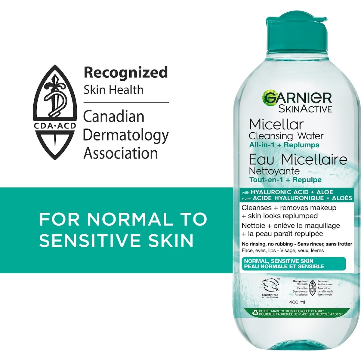 Garnier Eau Micellaire Démaquillante, Tout-En-Un Démaquillant Hydratant et Repulpant + Nettoyant Visage à l'Acide Hyaluronique & Aloès, Hypoallergénique, Peaux normales à Sensibles