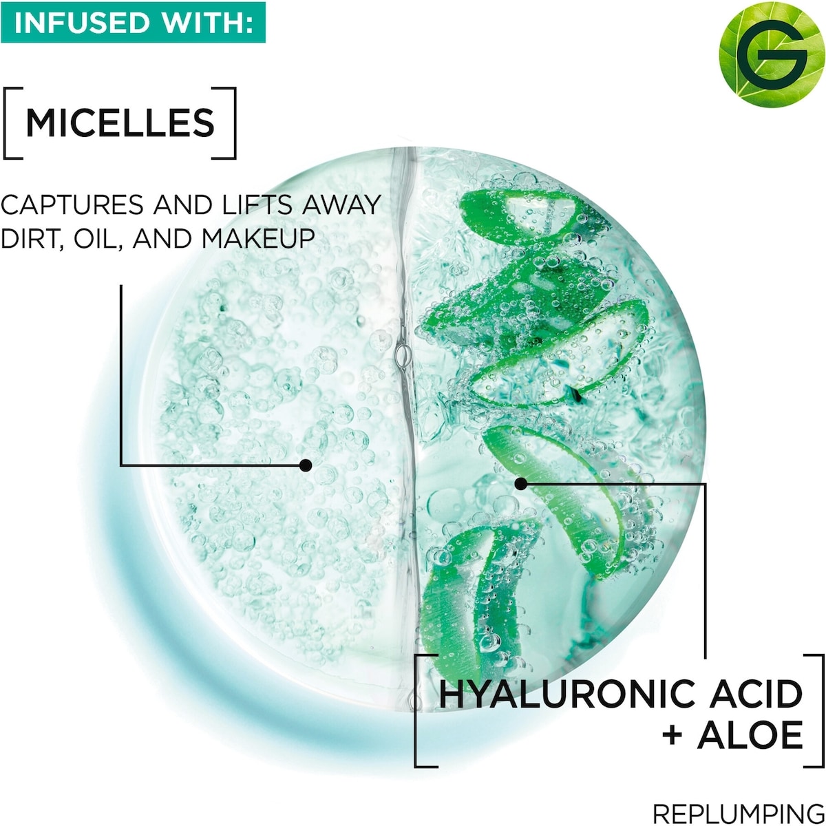 Micellar Cleansing Water, All-In One hydrating and Replumping Remover + Face Cleanser with Hyaluronic Acid & Aloe, hypoallergenic, normal to Sensitive Skin