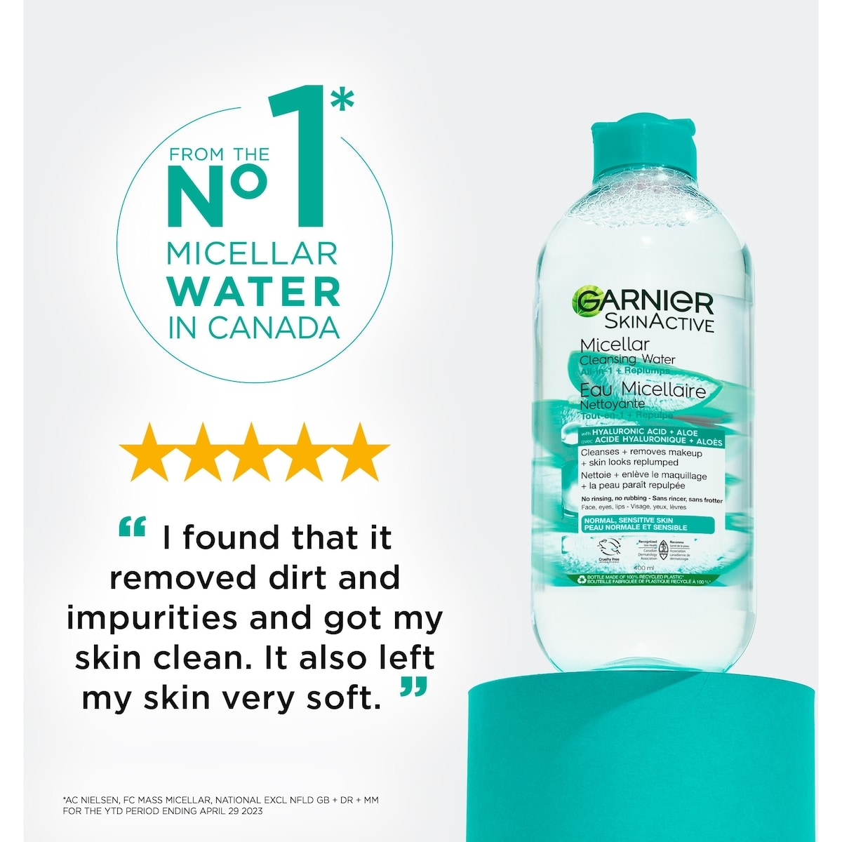 Micellar Cleansing Water, All-In One hydrating and Replumping Remover + Face Cleanser with Hyaluronic Acid & Aloe, hypoallergenic, normal to Sensitive Skin