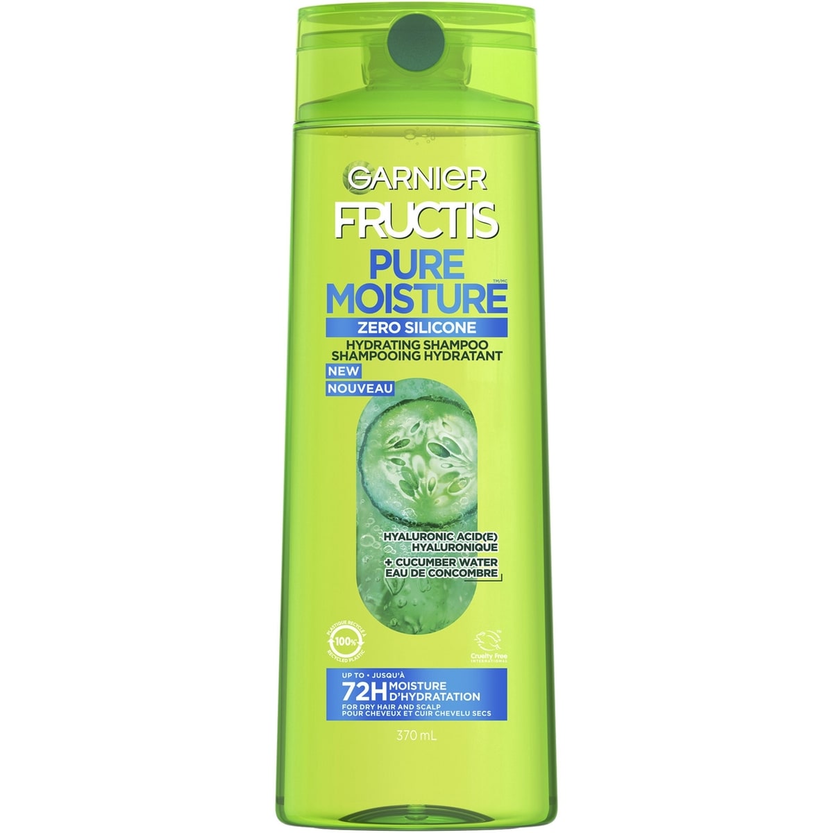 Fructis Pure Moisture Shampooing Hydratant, 72 Heures D'Hydratation pour Cheveux et Cuir Chevelu, avec Acide Hyaluronique et Eau de Concombre