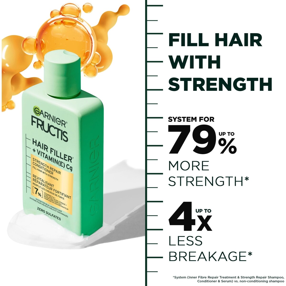 Fructis Hair Filler + Vitamine C Revitalisant Sans Sulfates Réparateur et Fortifiant, pour Cheveux Faibles et Endommagés, Jusqu'à 4X Moins de Cassures & 79% de Force en Plus