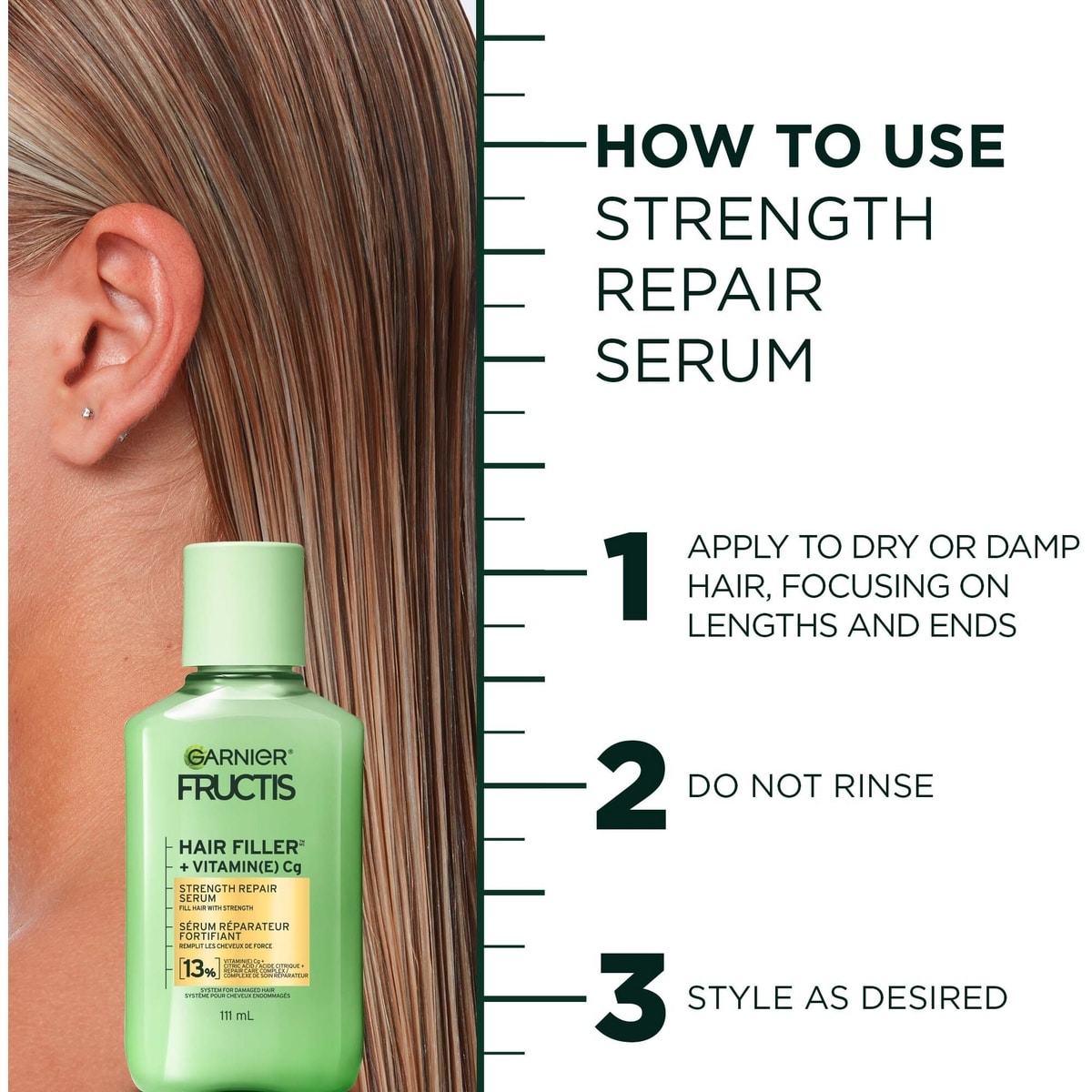 Fructis Hair Filler + Vitamine C Sérum Sans Sulfates Réparateur et Fortifiant, pour Cheveux Faibles et Endommagés, Jusqu'à 4X Moins de Cassures & 79% de Force en Plus