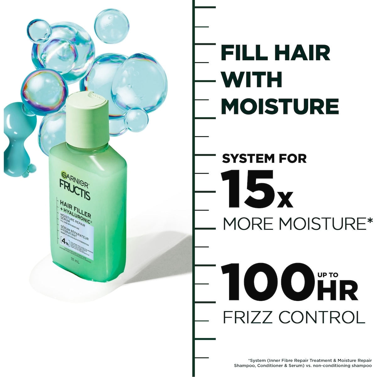 Fructis Hair Filler + Acide Hyaluronique Sérum Sans Sulfates Réparateur Hydratant, pour Cheveux Bouclés & Ondulés, jusqu'à 15X plus Humides & 100 heures de Contrôle des Frisottis