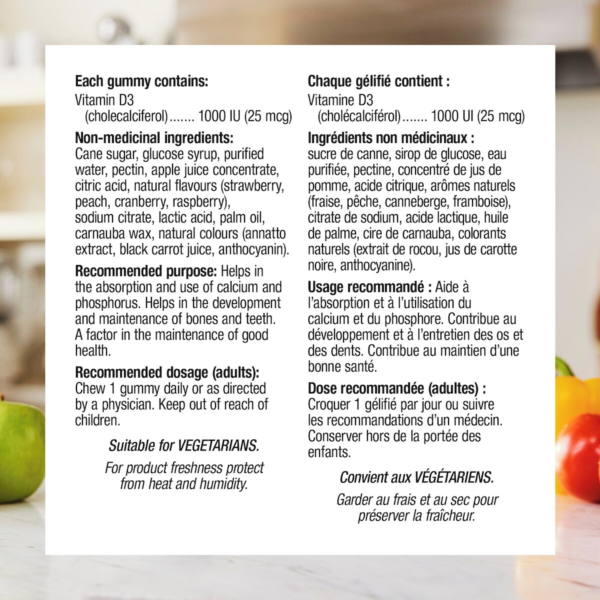 Vitamine D3  1 000 UI mélange de petits fruits · pêche