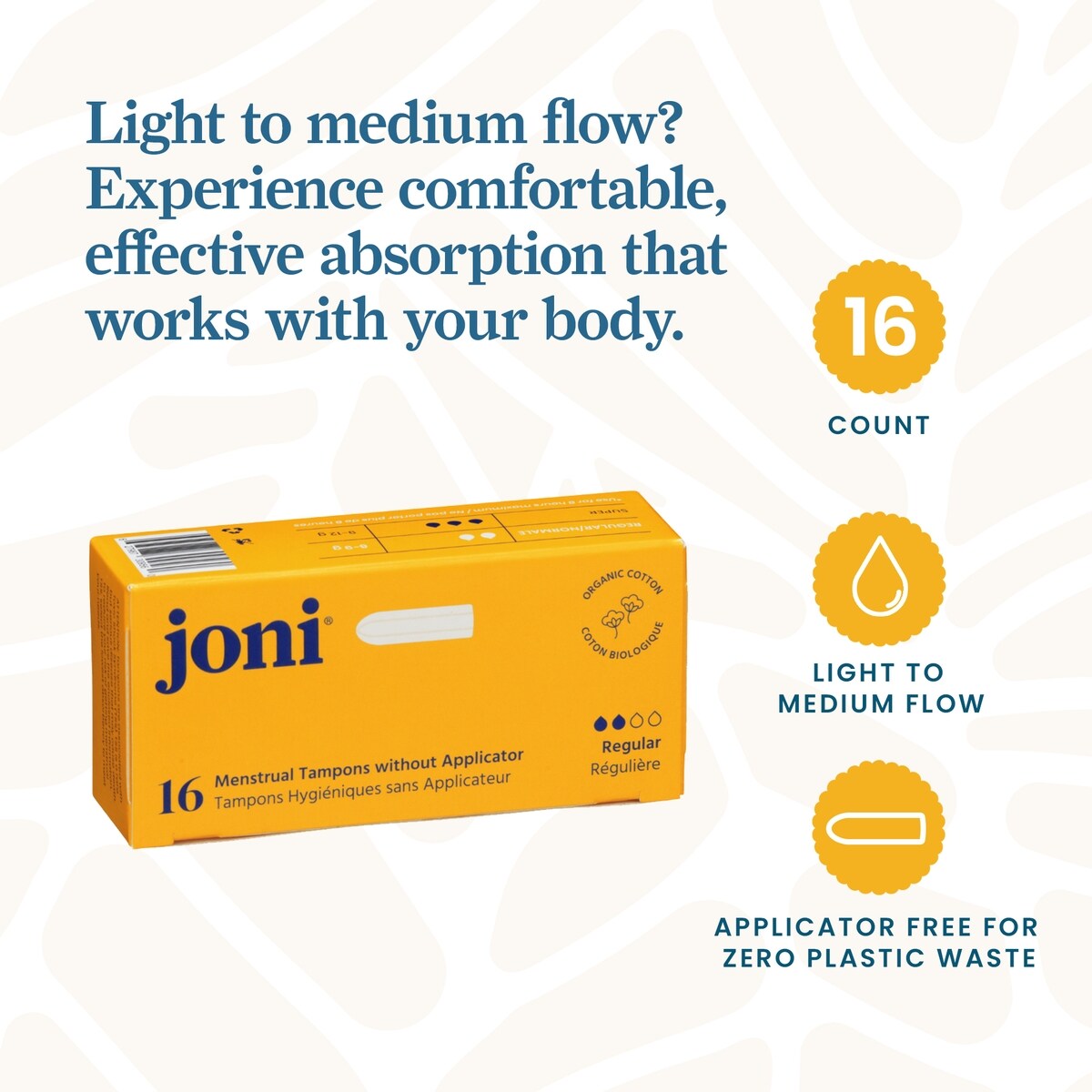 Organic Cotton Regular Tampons (non-applicator) • 100% Cotton, Plastic-Free