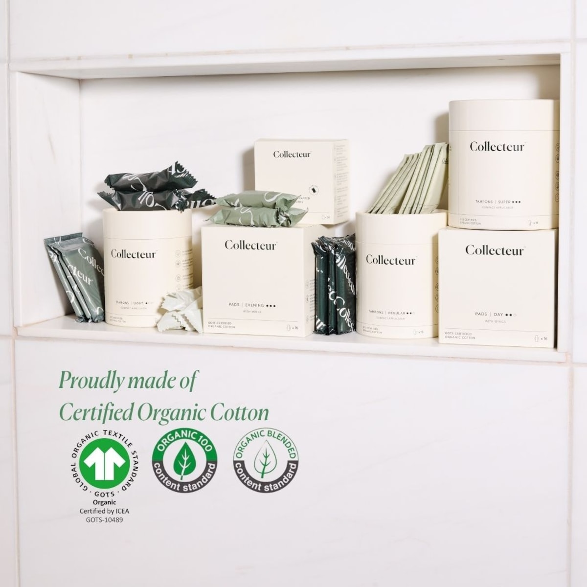 Tampons en coton 100 % biologique certifié, format varié