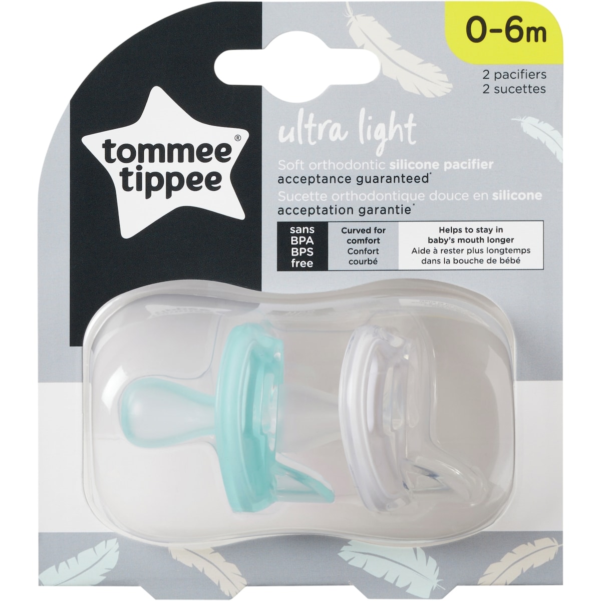 Tommee Tippee Ultra-Light Silicone Pacifier, Symmetrical Orthodontic Design, BPA-Free, One-Piece Design – 0-6m, 2pk