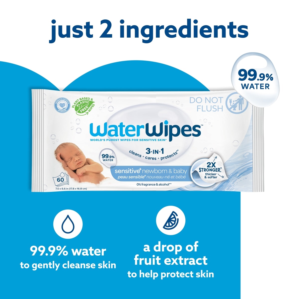 Sensitive+ Newborn & Baby Wipes, 3-In-1 Cleans, Cares, Protects, 99.9% Water, Unscented Hypoallergenic, 240 Count (4 Packs)