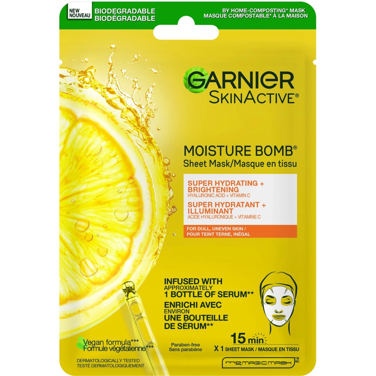Masque visage Garnier, soins de la peau éclaircissants et hydratants, acide hyaluronique + vitamine C, pour peau terne et inégale