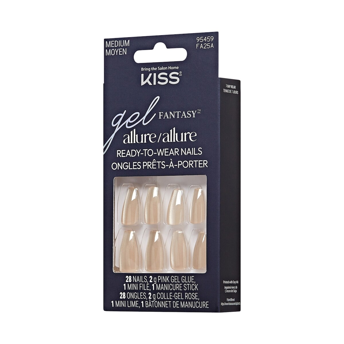Kiss Gel Fantasy Allure, Fake Nails, Moon Beat, Beige, Coffin, Medium, 30 Count