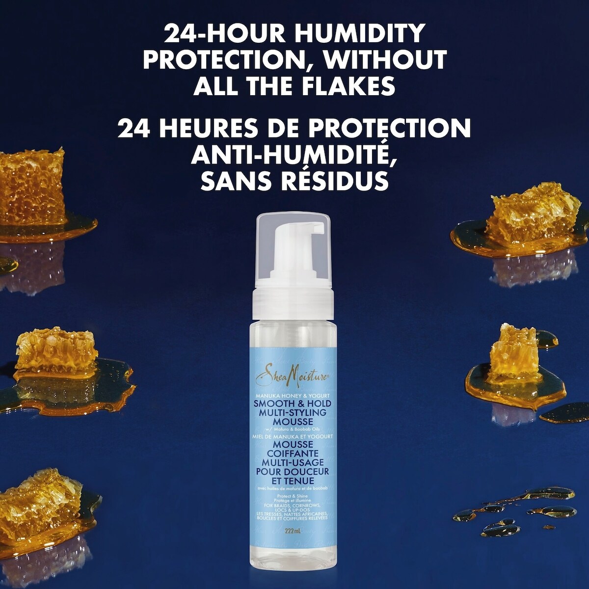 Mousse Coiffante Multi-Usage produit coiffant nourrissant Miel de Manuka et Yogourt avec huiles de mafura et de baobab