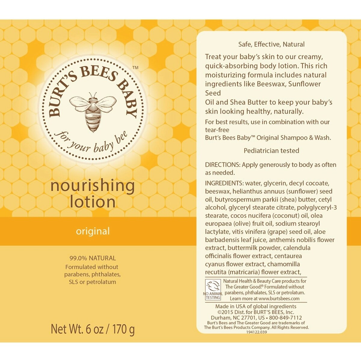 Lait nourrissant original de Burt’s Bees Baby, 170 g
