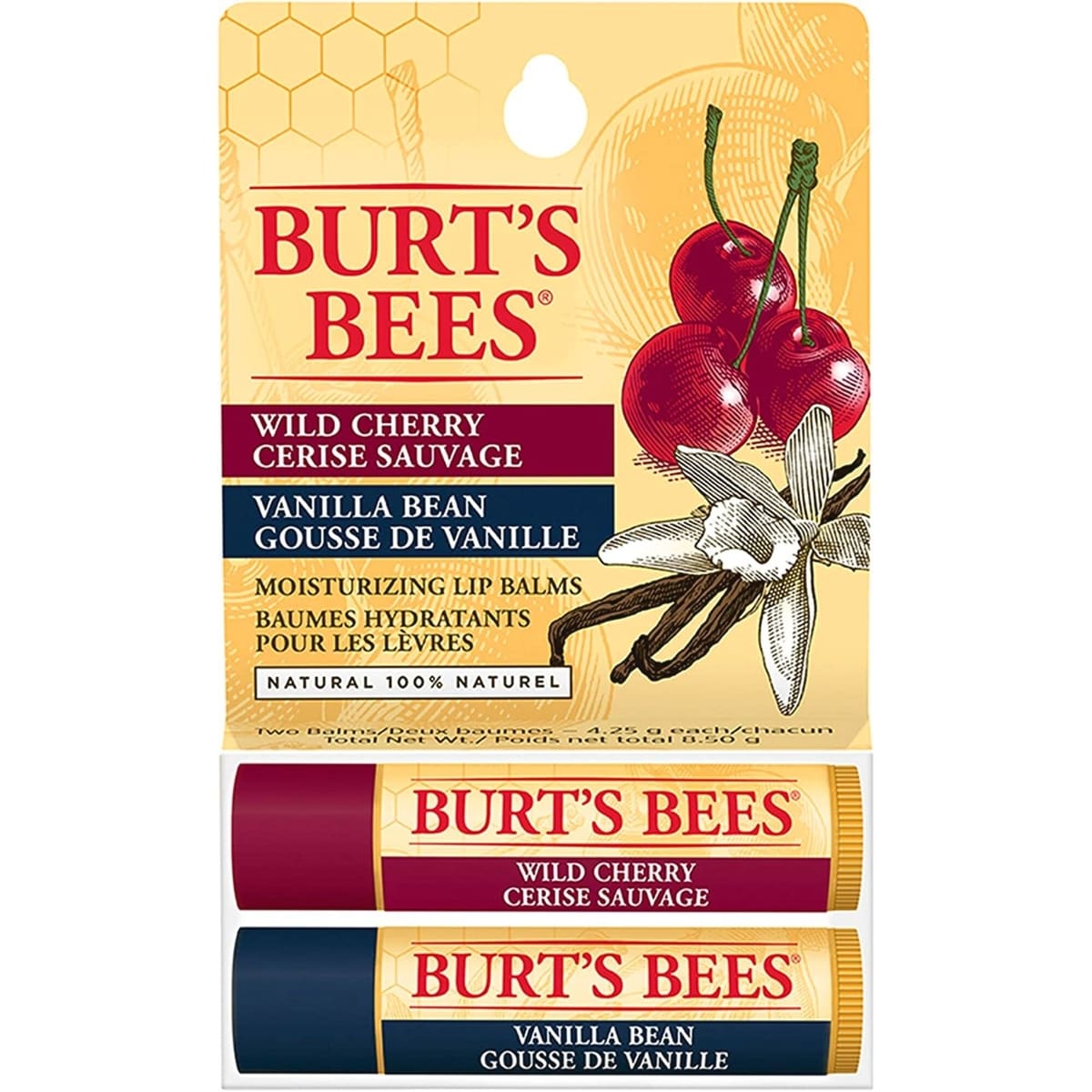 Baumes hydratants pour les lèvres d’origine naturelle à 100 % à la gousse de vanille et à la cerise sauvage de Burt’s Bees, assortiment de 2 tubes