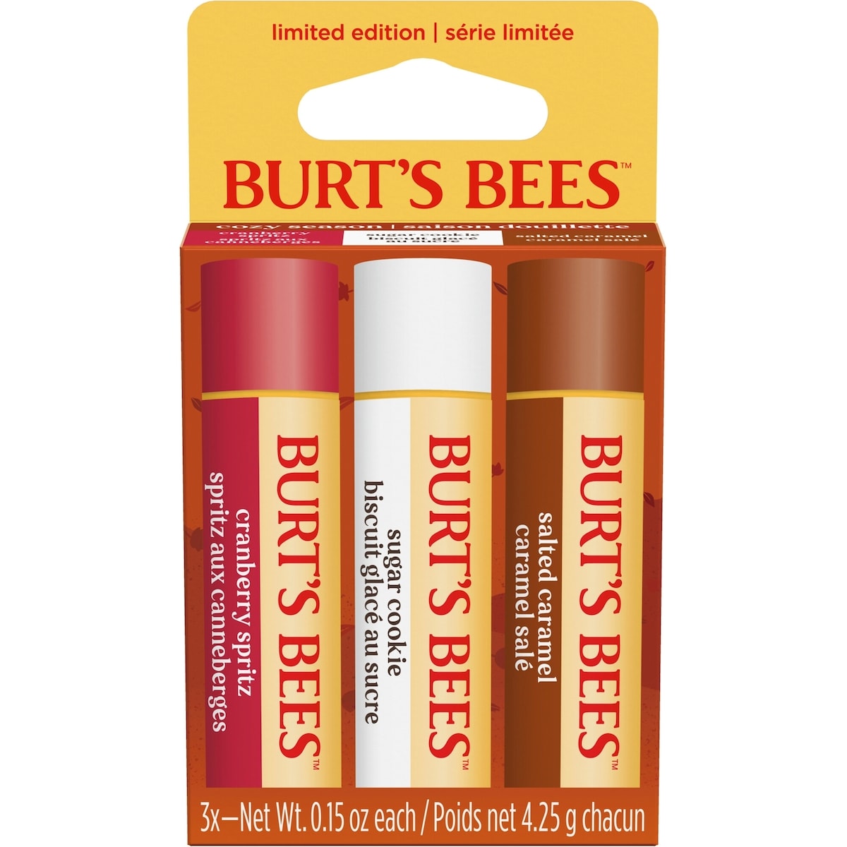 Baume hydratant pour les lèvres de Burt’s Bees, formule d’origine naturelle à 100 % pour les lèvres sèches et gercées | Obtenez des lèvres douces et hydratées | Emballage trio – Collection saison douillette: biscuit glacé au sucre, spritz aux canneberges et caramel salé