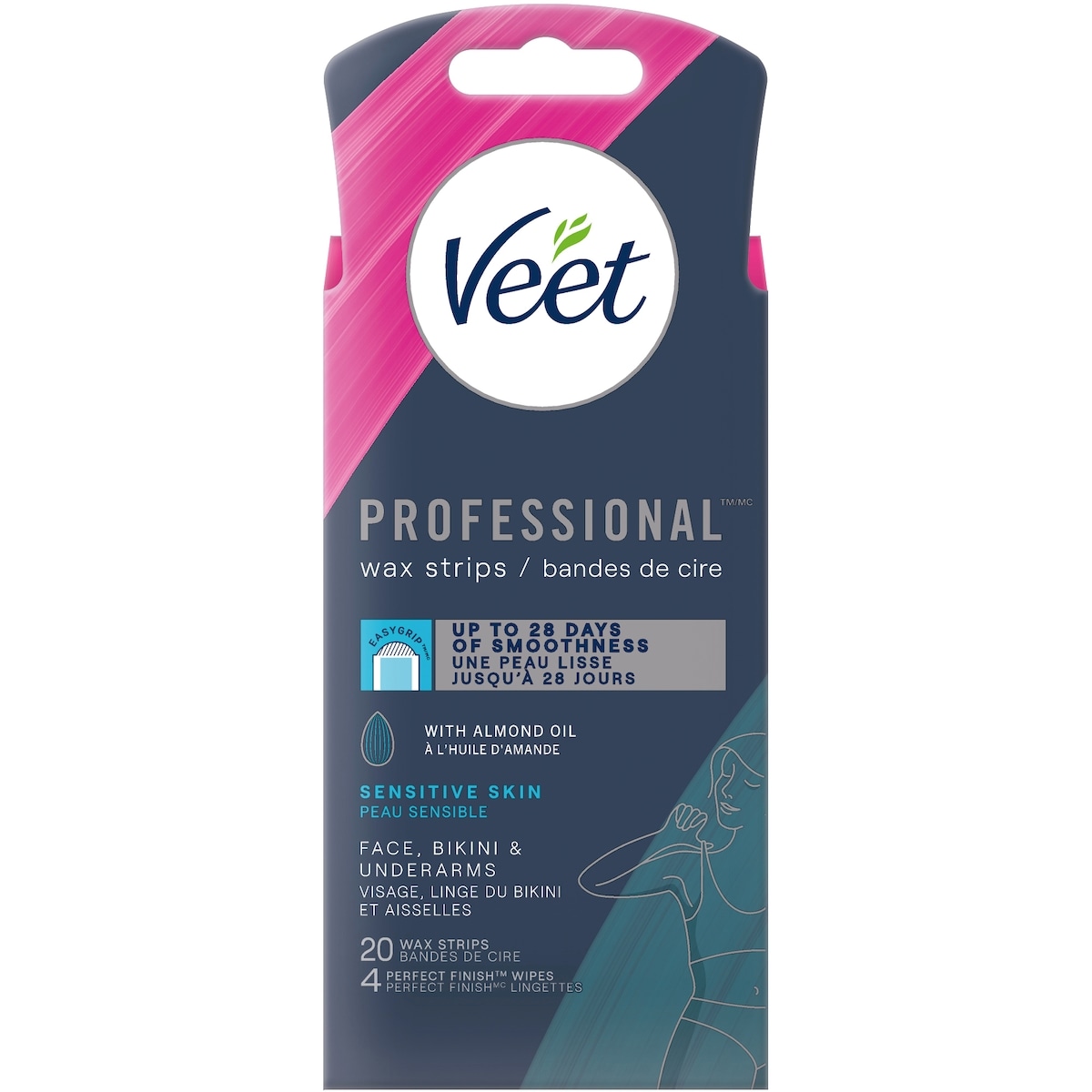 Bandes de cire Veet® ProfessionalMC Visage, ligne du bikini et aisselles, peaux sensibles, avec huile d’amande