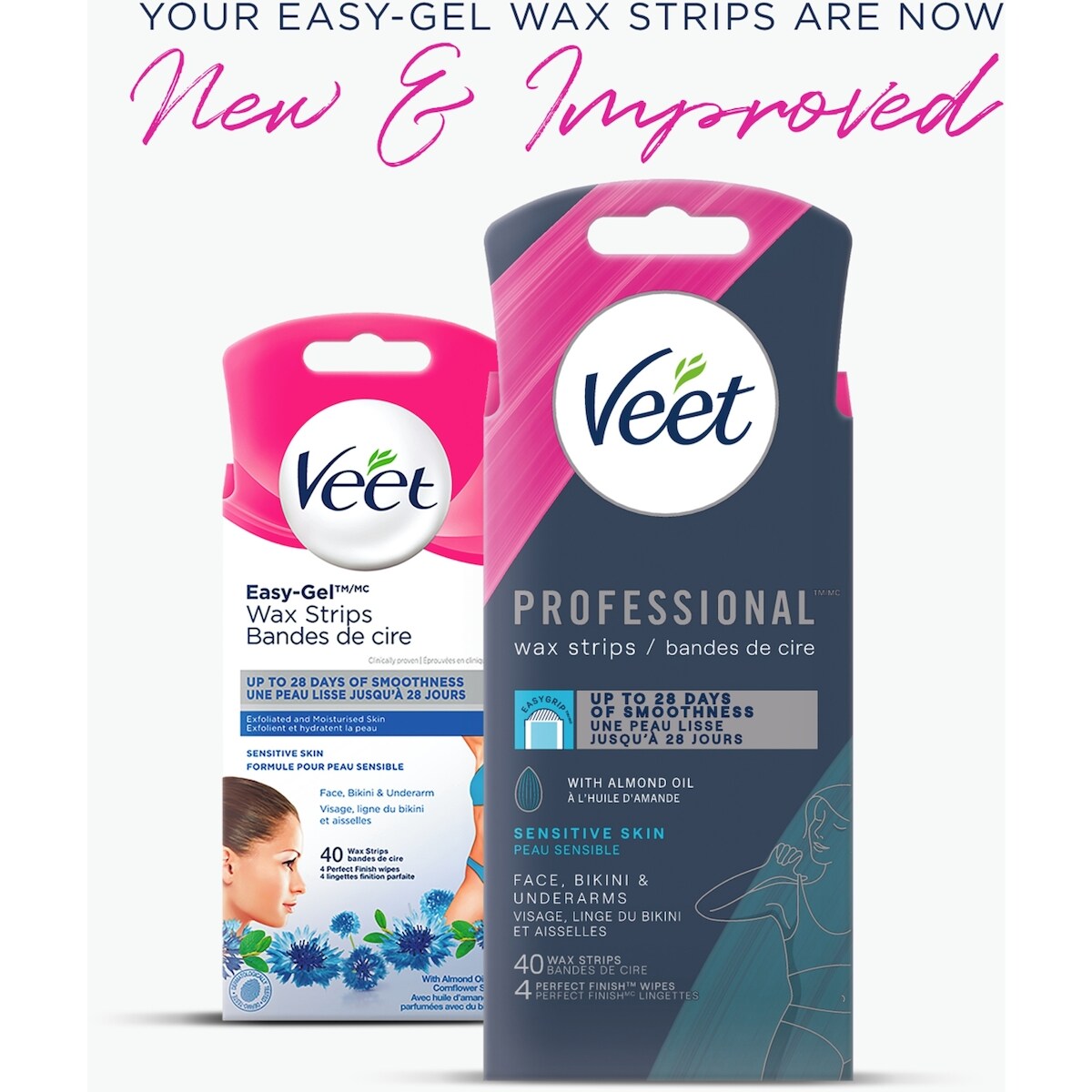 Bandes de cire Veet® ProfessionalMC Visage, ligne du bikini et aisselles, peaux sensibles, avec huile d’amande