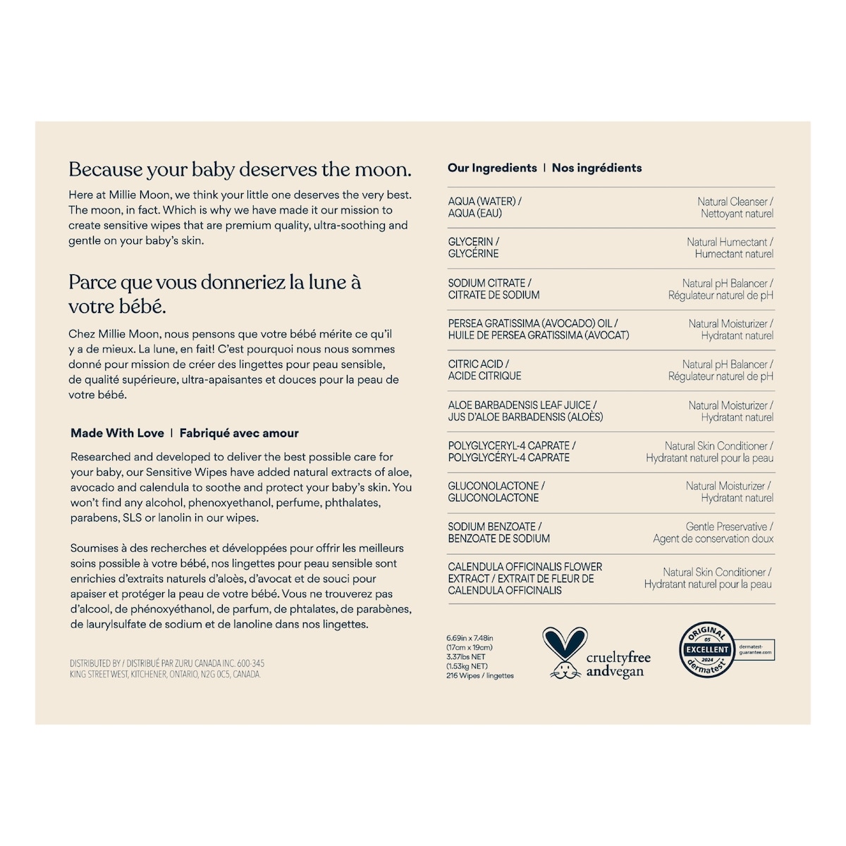 Millie Moon Sensitive Wipes, 216 Count