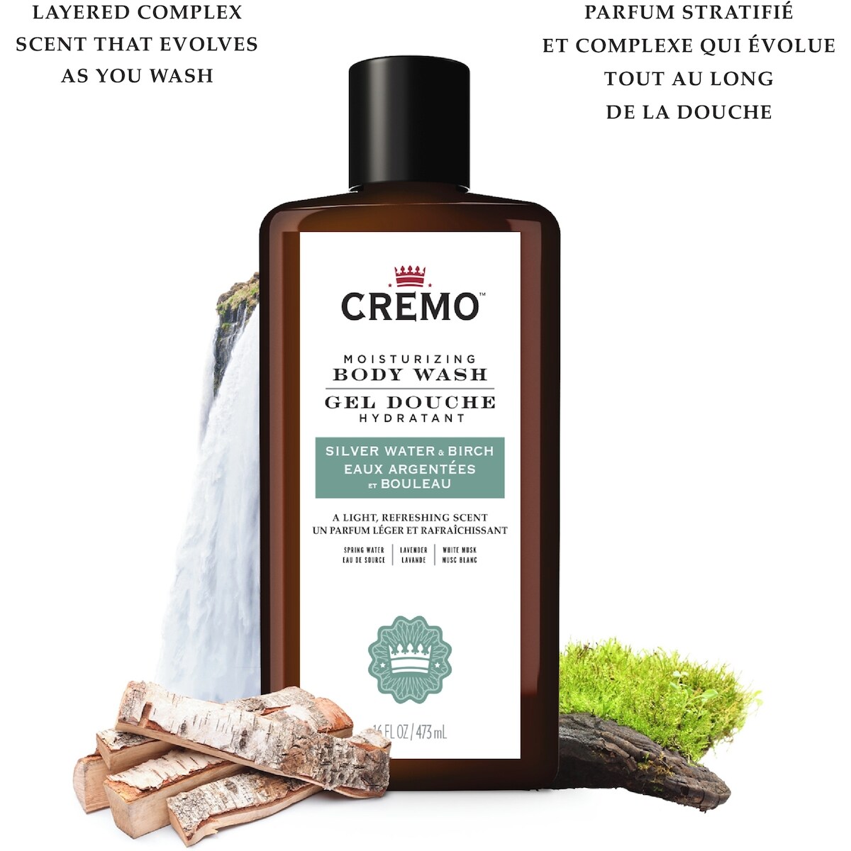 Gel douche au parfum d’eaux argentées et de bouleau de marque Cremo, 473 mL