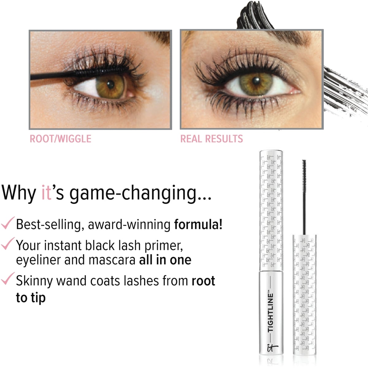 Mascara 3-en-1, eyeliner, base noire pour les cils, Tightline