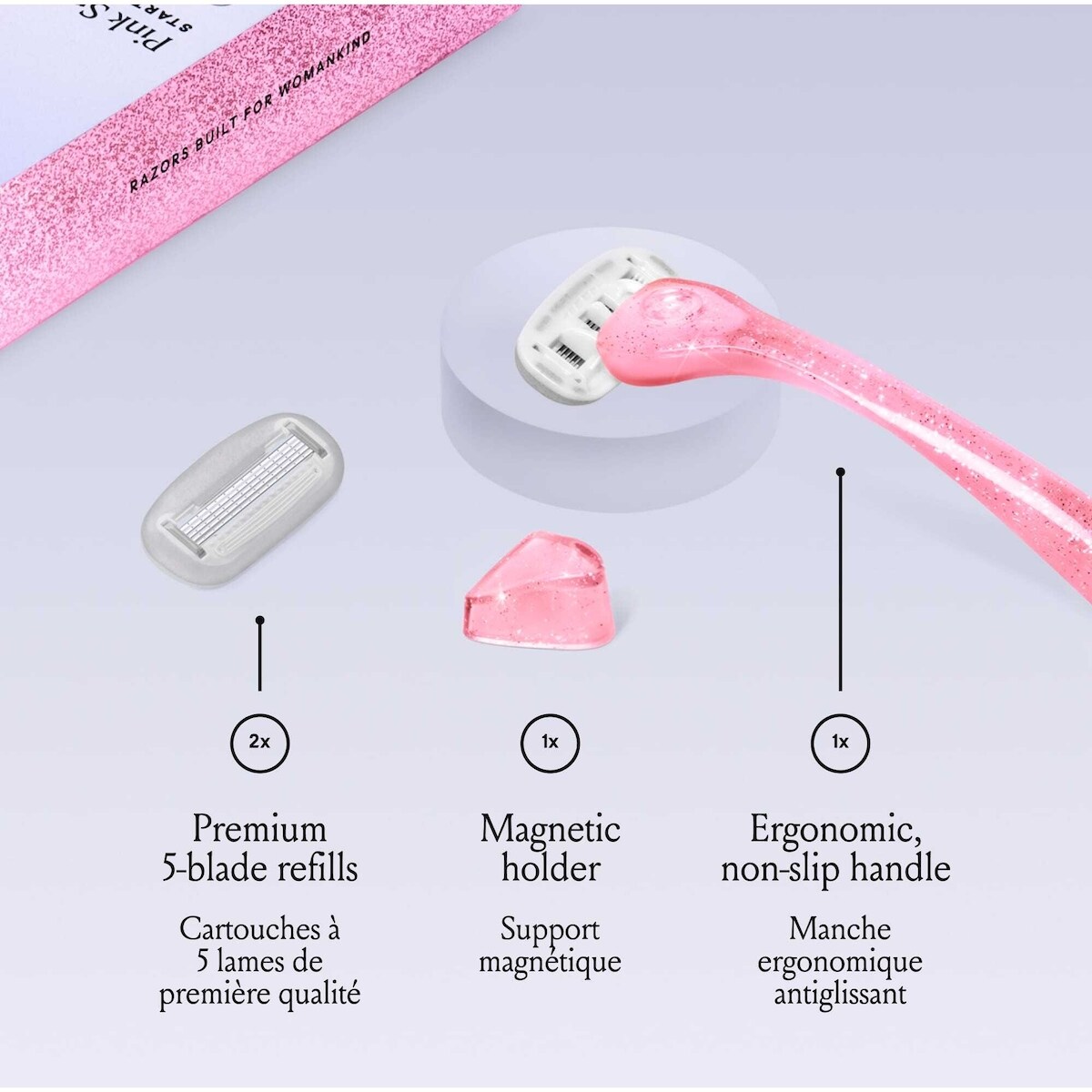 Billie Women’s Razor Kit - 1 Handle + Magnetic Holder + 2 x 5-Blade Refills - Pink Sparkle