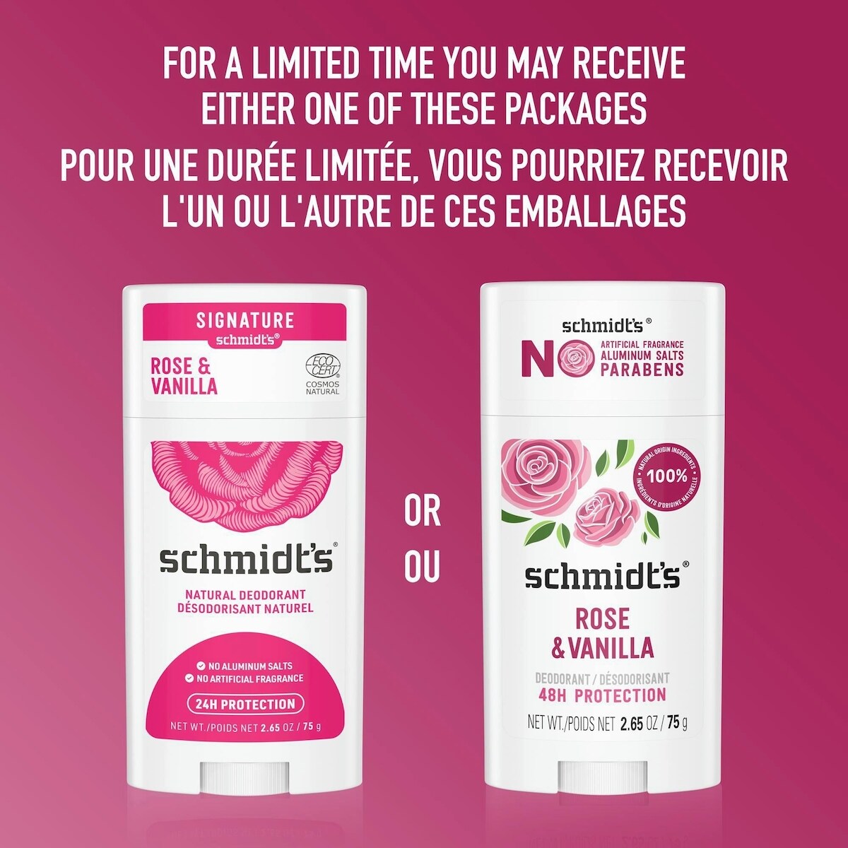 Schmidt's  Natural Origin Deodorant 48 Hour Protection Rose & Vanilla Deodorant for Men and Women 75 g
